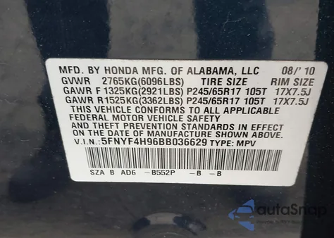 2011 Honda Pilot Touring from USA, damaged, VIN 5FNYF4H96BB036629